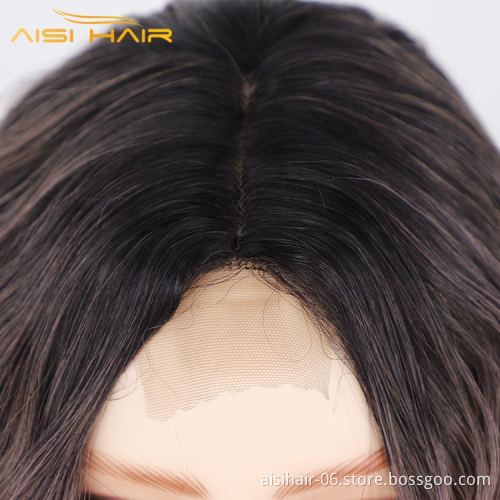 Aisi Hair Woman Wholesale Cheapest Fiber Synthetic Long Body Hair Ombre Light Purple Synthetic Wavy Lace Front Wig